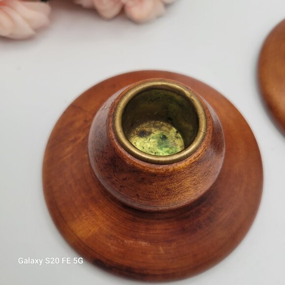 Vintage Pair Wood Turned Candleholders MCM Small Candlesticks - Picture 3 of 14